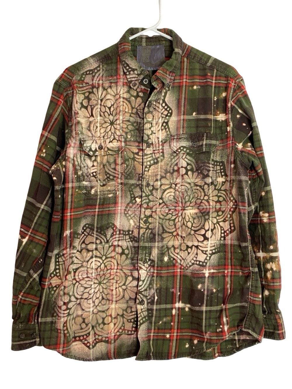 Custom Floral Flannel Bleached Shirt Mens Size Large Unisex Upcycled Green OOAK